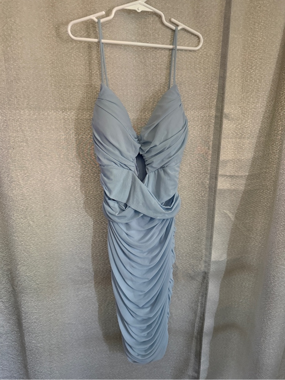Windsor Sky Blue Ruched Spaghetti Strap Midi Dress